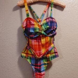 NWT Retro Stage Stylish Plaid One-Piece Swimsuit with Bow.